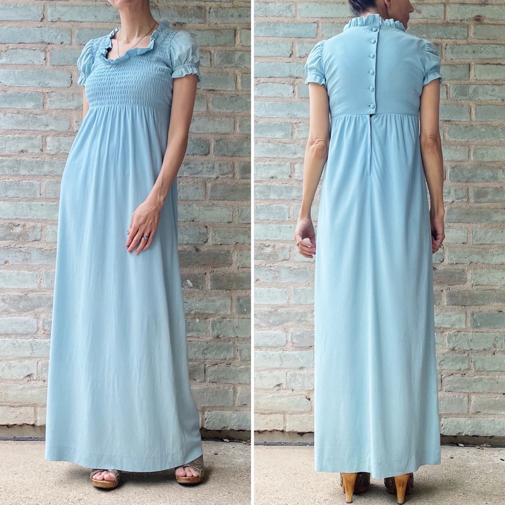 Vintage Maxi Dress 70s Baby Blue Empire Waist Smocked Stretch Ruffle Regency
